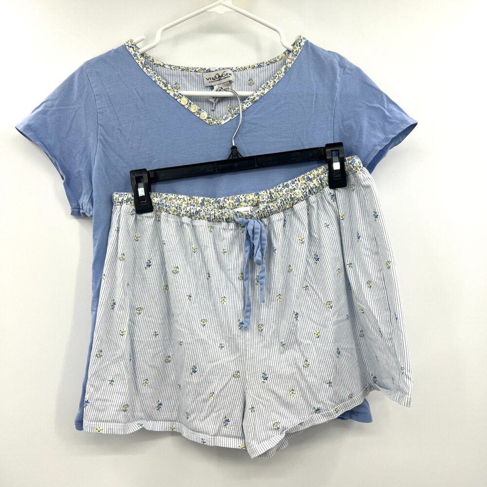 Villager Liz Claiborne Blue Floral Pajama Set Top & Shorts Cotton Womens Small
